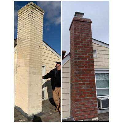 Chimney restoration, paint removal, tuck pointing, cap & crown.