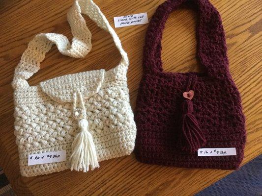 Hand Crocheted Lined Handbags with Cell Phone pocket