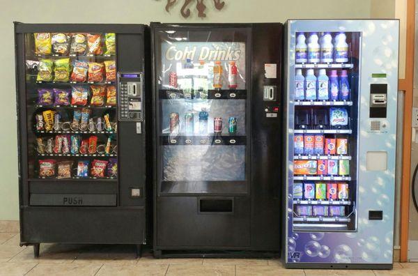 A variety of snacks, drinks, and soaps to choose from