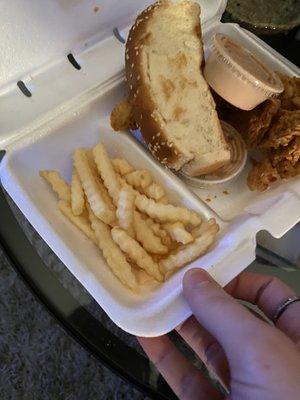 ordered a 3 finger combo but there's barely any fries. what a waste of time and money. DONT GO HERE!!!!!