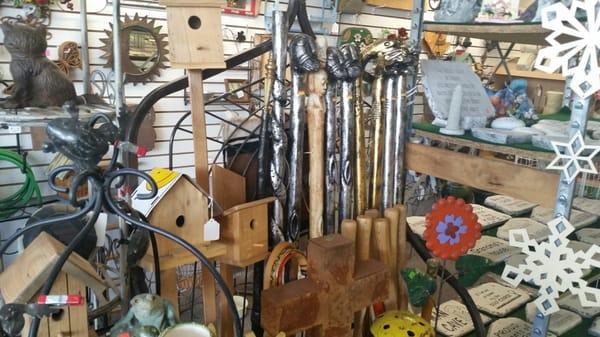 Birdhouses, walking sticks, yard decor