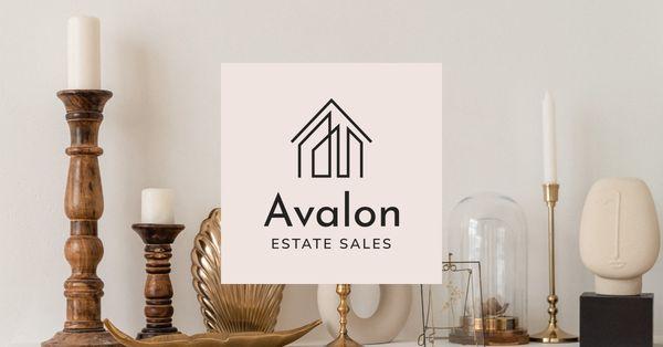 decorative items sitting on a mantle with the Avalon Estate Sales logo overtop the center