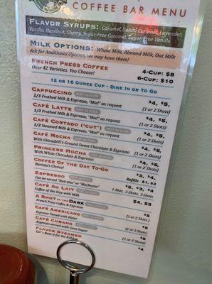 Coffee menu