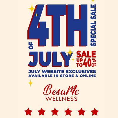 Join us at BesaMe Wellness for explosive 4th of July deals! Up to 40% off on our website or in-store. Happy & safe 4th of July! Be well