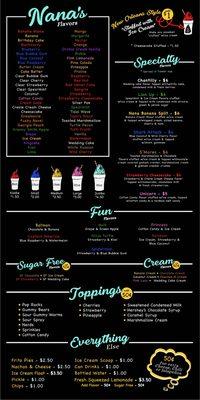 Nana's Sno Shack Menu