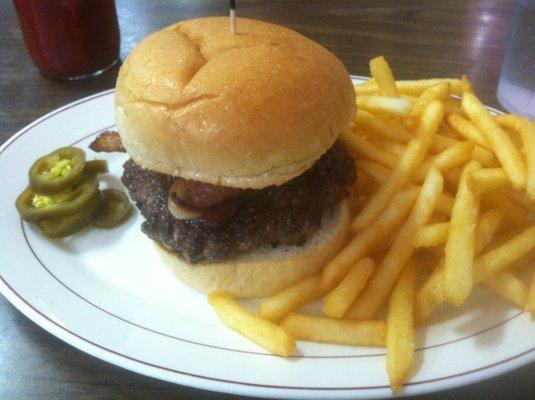 This is the Coach Light burger and fries. It is a 1/3 lb patty with bacon, cream cheese and hot pepper jelly. Hot peppers on side.