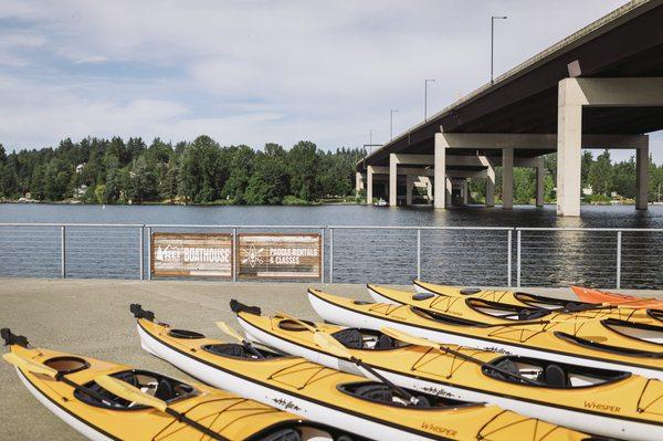 Kayak rentals outside the REI boathouse at Enatai Beach Park