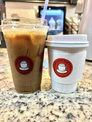 pistachio iced coffee - medium & blackberry latte - small