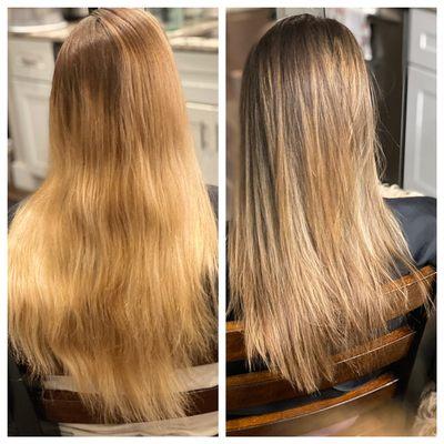 Before and after. Root shadow, Balayage, a couple foils & hair cut!