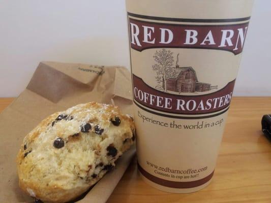 Fresh made chocolate chop scone and a coffee