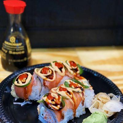 Specialty roll created for a customer! We can customize rolls for your own special sushi roll.