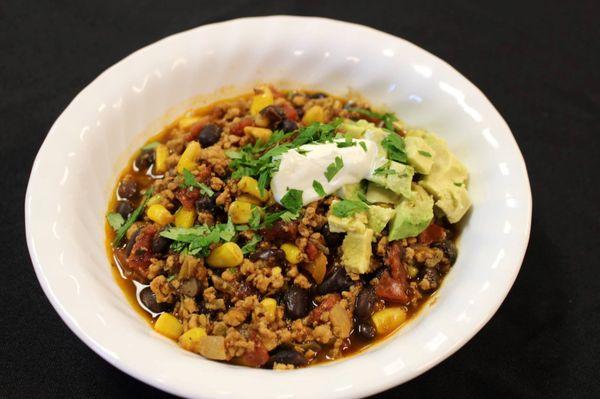 Southwestern-style natural ground turkey chili with fresh avocado