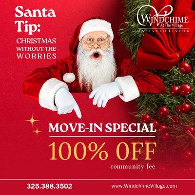 Santa Tip: Christmas without worries.
We are offering 100% off the community fee with the mention of this ad.