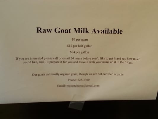 Raw goat milk pricing