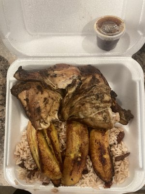 Rice and Beans with Jerk Chicken and fried plantain