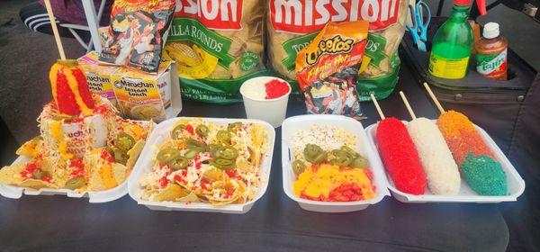 Nachos with Esquites, elotes, hot cheetos and cheese combo with Esquites, noodles and nachos