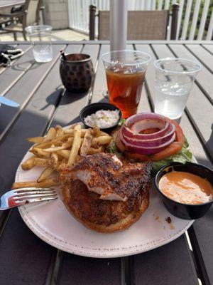 Blackened Grouper on Brioche Bun, with fries and coleslaw on the side.