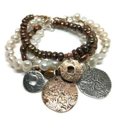 Freshwater pearls, bronze and silver coin bracelets.