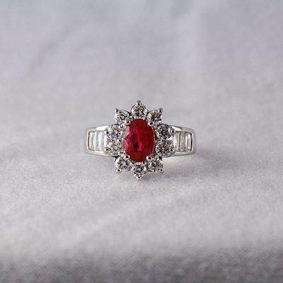 Vintage Inspired Ruby Ring on 14k White Gold Setting