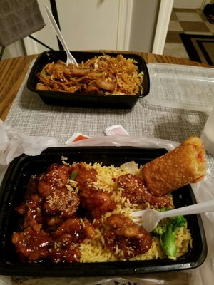 Sesame chicken and beef lo mein combos both with pork fried rice and egg rolls