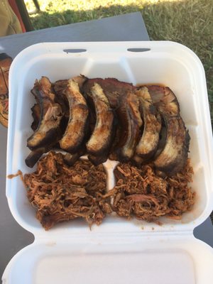 Meat combo: ribs, pulled pork, brisket