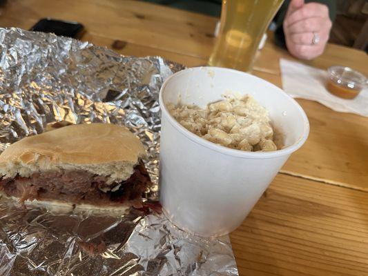 Mac and cheese and a brisket sandwich