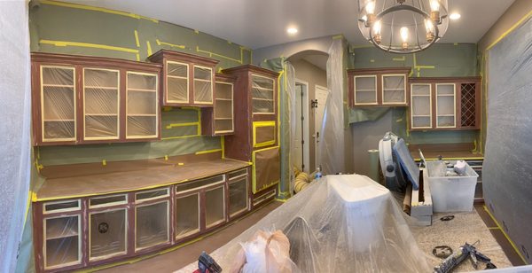 Kitchen is all taped up and ready to spray primer.