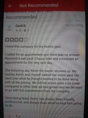 Reviews that Yelp said were not favorable, instead they left the 1 start review.