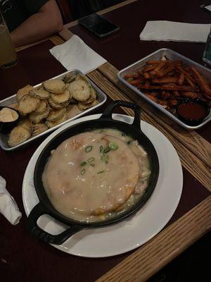 Welsh Cottager's Chicken Pie, Sweet Potato Fries, Fried Pickles