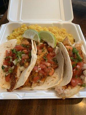 Cajun Catfish Tacos and Yellow Rice