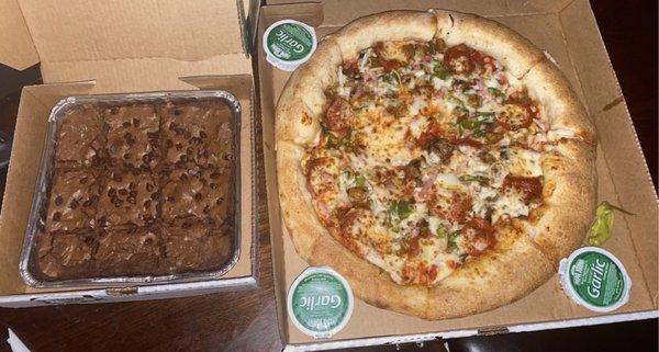 Double Chocolate Chip Brownie and The Works Pizza with stuffed crust