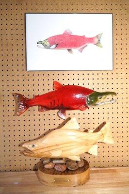 kokanee drawing. Finished wall mount male kokanee and hand carved kokanee.