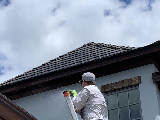 Exterior washing from a ladder