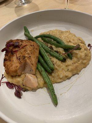 Maple glazed salmon
 butternut risotto, asparagus