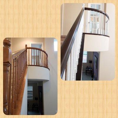 A staircase gone from a honey oak to custom stain and lacquer finishes