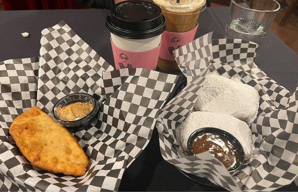 Traditional hand pie and Beignets (2 Pieces) with Caramel Bacon Jam Dippin' Sauce for Beignets try them both