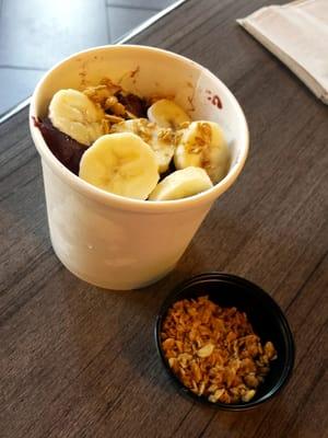 Acai bowl!  Tiny & pre-made. Just acai puree, not blended with almond milk or anything...