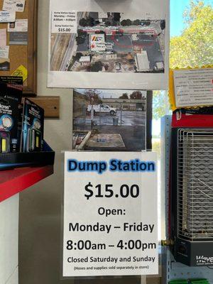 This is our current dump station fee as of May 2022. We look forward to welcoming you!