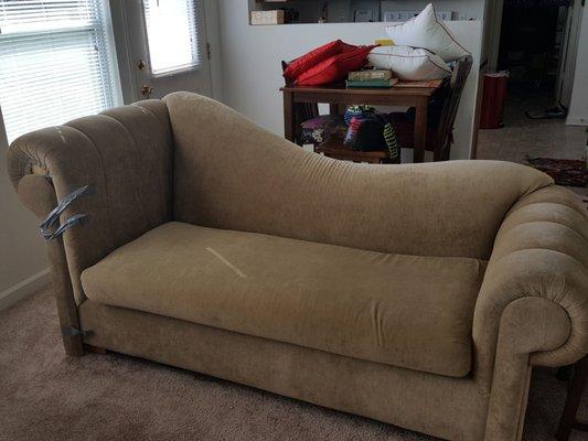 Before, my broken, boring beige couch, after, beautiful new purple couch by Olvera Upholstery!