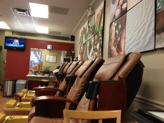 Nice massage chairs for relaxing while getting a pedicure.