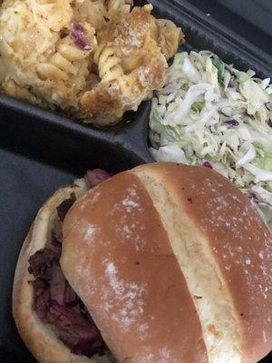 Brisket sandwich, mc and cheese, coleslaw