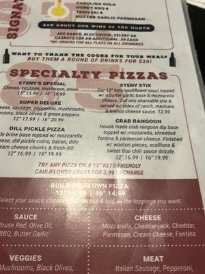 Partial photo of the menu