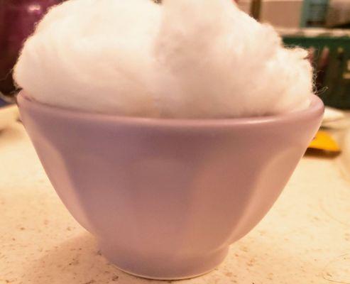 This is the cute lavender bowl I got for $3. As you see will be used to hold that cotten you find in medicine bottles.