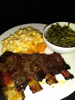 Beef ribs, baked mac-n-cheese, collard greens