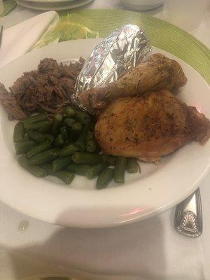 Baked chicken, potato, green beans and beef.