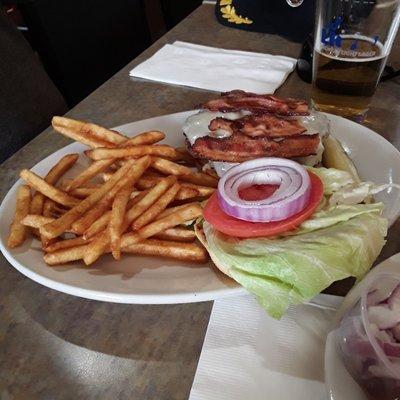 Hubbys Swiss Cheese Bacon Burger and Beer Batter fries! Yum