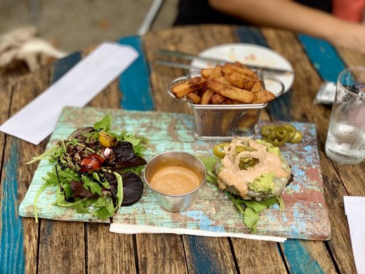 Blazin' Burger (Bunless), plus French Fries with house-made chipotle aioli.