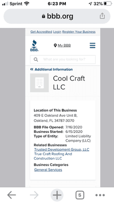 Cool Craft LLC opened on 6/15/20, just two weeks before Trusted Development Group was suspended on 6/29/20. Same address.