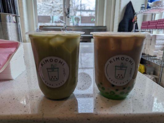 Left: matcha; right: coffee with green apple boba