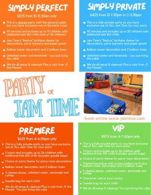 New Party Packages available at Jam Time! There's something for every budget! Check www.jamtime.com/Party.php for availability!